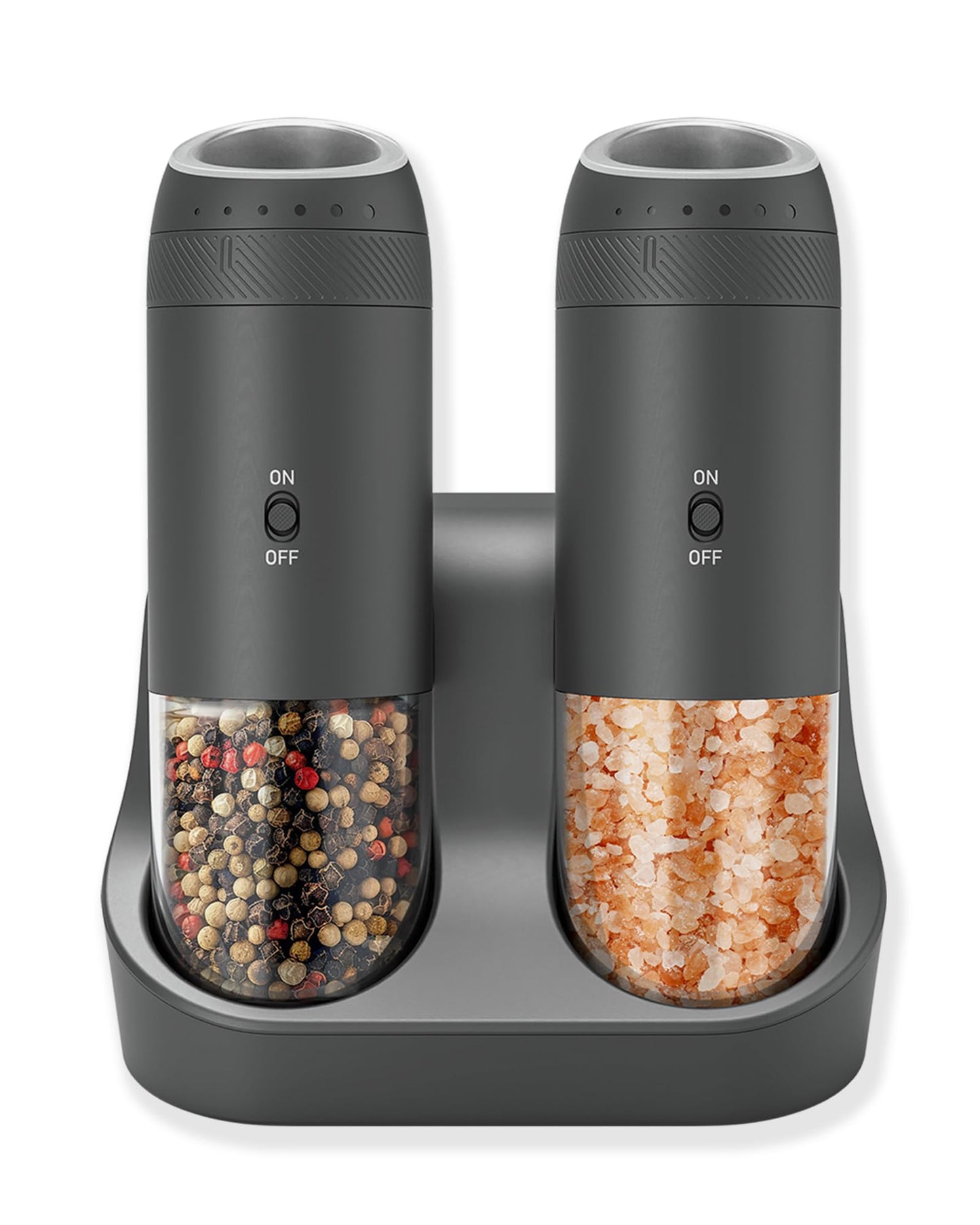Soenglyun Gravity Salt and Pepper Grinder Set with Charging Base, Automatic Salt Grinder Electric with LED Light & 6 Adjustable Coarseness, One-Handed Operation and 176ml Capacity, Black