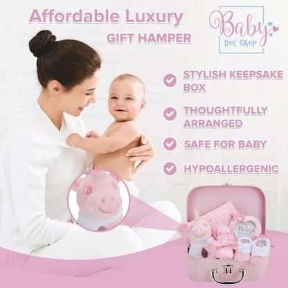Baby Box Shop - Girl Gift Set, Newborn Essentials, Baby Shower Gifts for Girls, Keepsake Box with Pink Unicorn Rattle, Bib, Booties, Mittens, Hat, Photo Frame & Muslin Cloth - Premium Baby Hamper