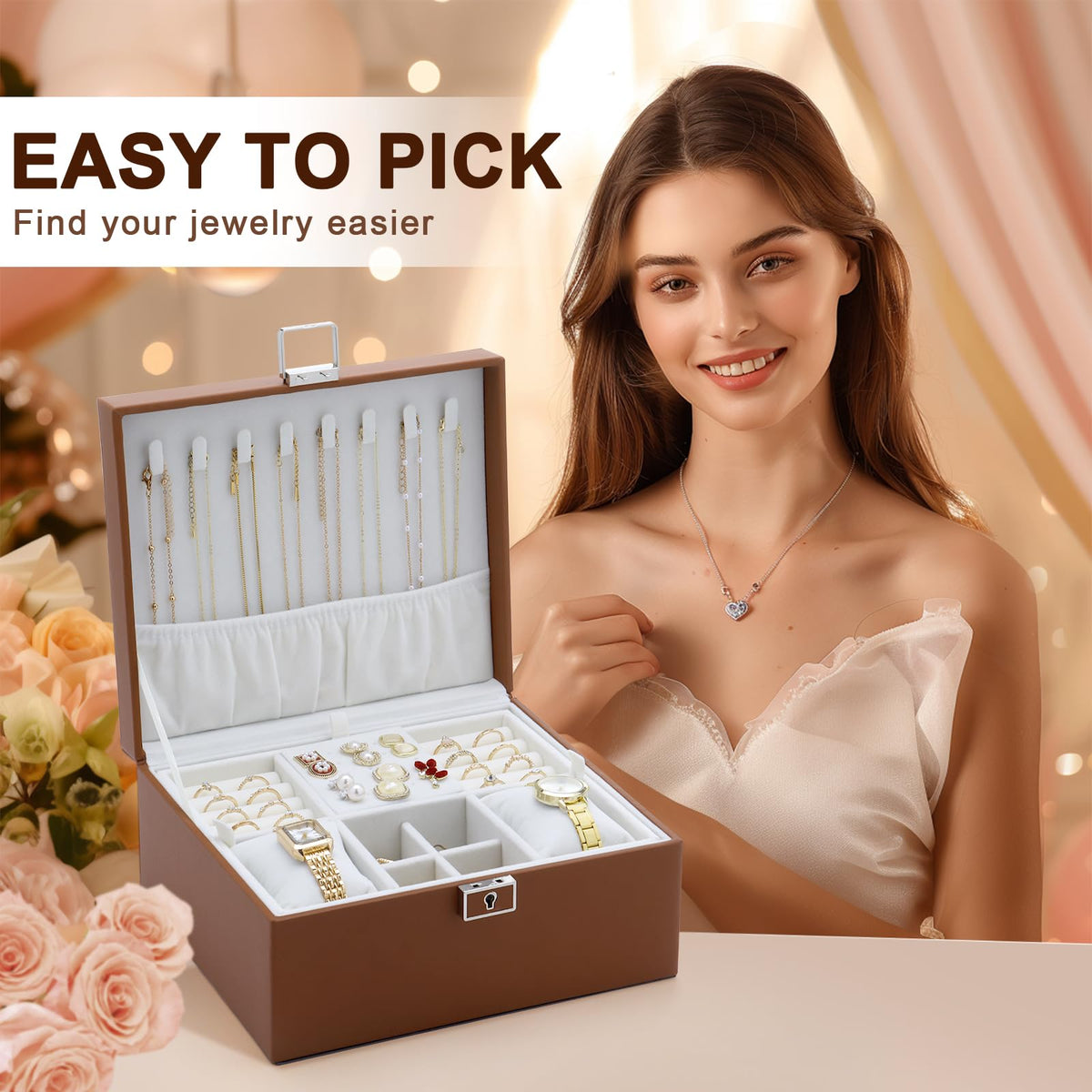 IBURTEN Jewelry Organizer Boxes for Women,Travel Jewelry Case, 2 Layers Removable Jewelry Box,Storage for Necklace, Bracelet, Earring,Rings,Jewelry Box Gifts for Women Girls