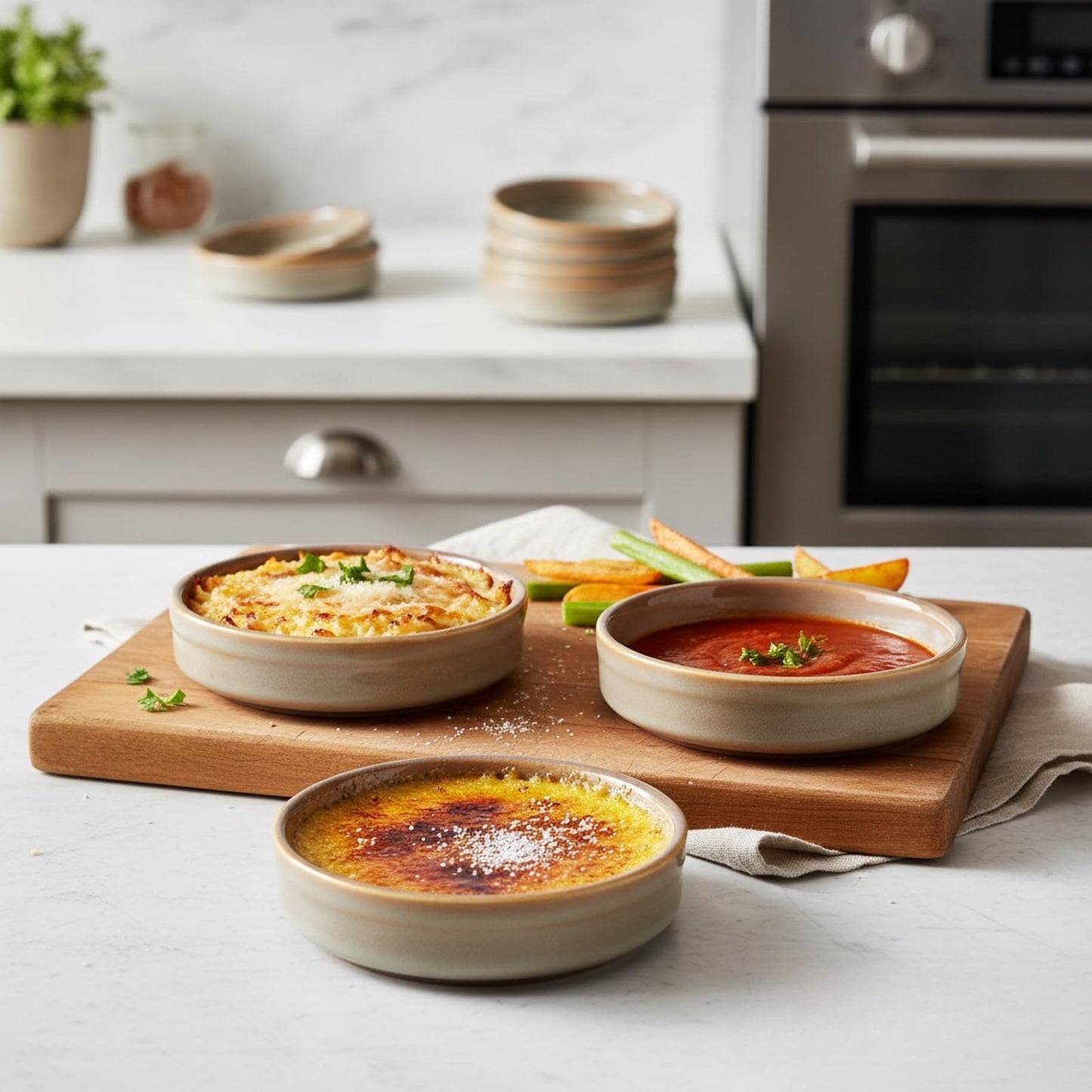 ONEMORE Ramekins Oven Safe Set of 6, 4 oz Creme Brulee Ramekins, Ceramic Ramekin Bowls for Souffle, Custard, Dipping Sauce, Dessert, Microwave Dishwasher Freezer Safe, 4.5 Inch - Beige