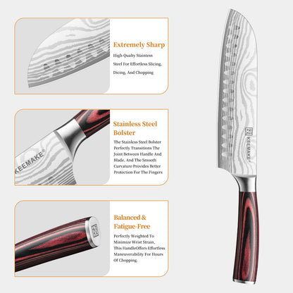 KEEMAKE Santoku Knife - 7 Inch High Carbon Japanese Chefs Knife with Ergonomic Pakkawood Handle and Sheath, Gifts for Mom or Dad, Kitchen Gadgets with Gift Box, Mothers Day Gifts