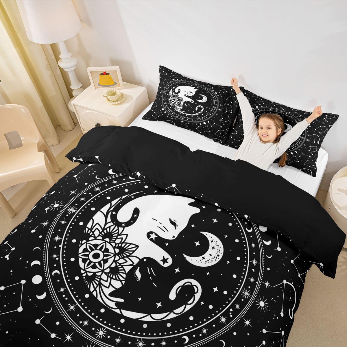 Tai Chi Cats Duvet Cover King,Gothic Starry Galaxy Moon Constellation Bedding Set 3pcs Kids Teens Boy Girls Room Decor,Animals Flower Plants Comforter Cover Black Exotic Quilt Cover with 2 Pillowcases