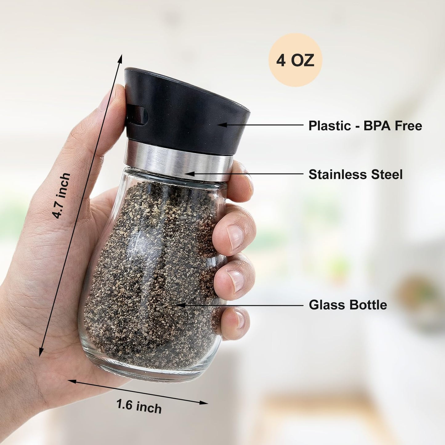 Salt And Pepper Shakers Set，Adjustable Rotating Cap Design For Precise Dose Control，Refillable Glass Jars With Matte Black Lids，Modern Kitchen Spice Containers，Kitchen Utensils