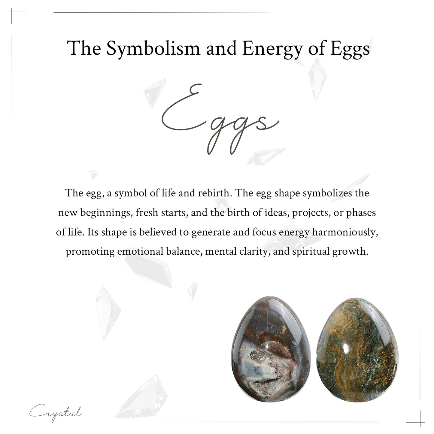 mookaitedecor Natural Ocean Japser Crystal Egg Decor, Polished Geode Stone Egg with Acrylic Stand for Easter Home Tabletop Display, 48-70 mm High, 100-200g