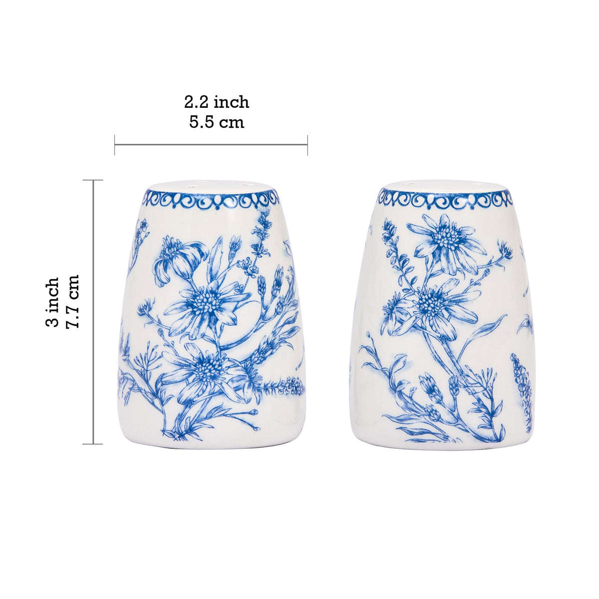 Bico Blue Garden Toile De Jouy Ceramic Salt & Pepper Shaker Set, for Kitchen or Decor, Dishwasher Safe