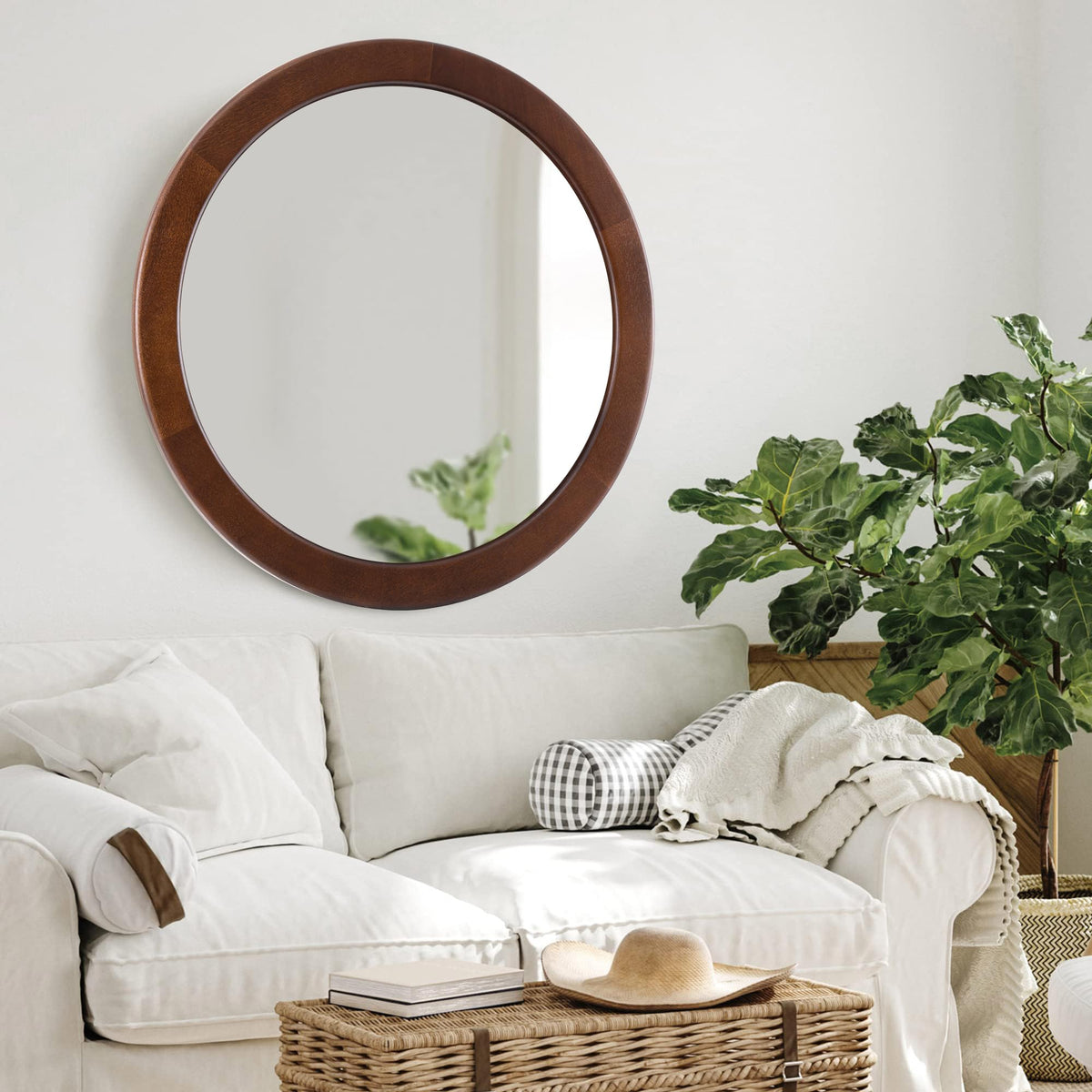 CULER Round Mirrors 30 Inch,Wood Vanity Wall Rustic Mirror with Walnut Frame, Wooden Mirror for Bathroom Bedroom Living Room Or Entryway(Walnut Brown)