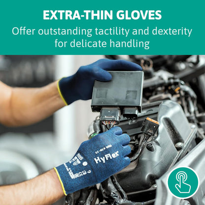Ansell HyFlex 11-618 Mechanics Gloves, Abrasion-Resistant PU Coating Protective Gloves, Safety Gloves for Precision Handling, Touchscreen Compatible Blue Gloves, Ultra-Thin Work Gloves Large, 12 Pairs