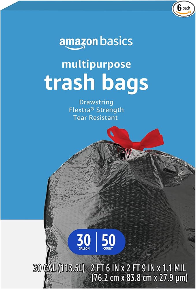Amazon Basics Flextra Multipurpose Drawstring Trash Bags, 30 Gallon