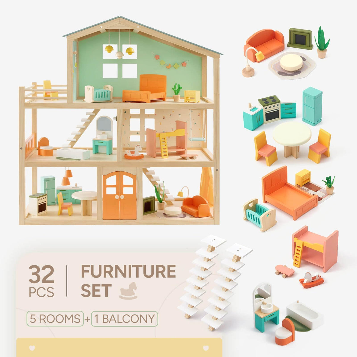 Giant bean Large Wooden Dollhouse with 32 Pcs Furniture Accessories, 3-Story Doll House 5 Rooms Balcony Wooden Stairs, Ideal Dollhouse Toy for Kids Ages 3+, 30" H x 28" L x 13" W