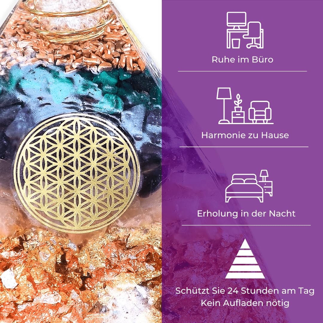ORGONIC-Art Orgonite Pyramid – Inspired by the Ideas of Wilhelm Reich, with Malachite, Amethyst & Rose Quartz, a Symbol for a harmoniously perceived Atmosphere amid WiFi, 5G & Modern Technology.