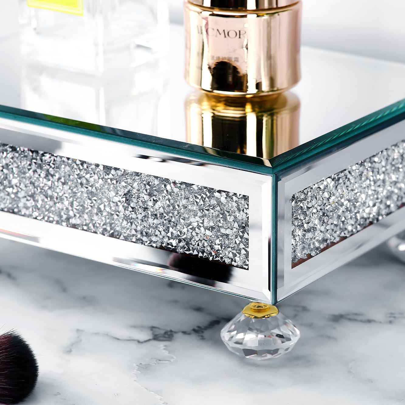 TACIDON Modern Mirrored Riser for Display : Crushed Diamond Decorative Pedestal Stand for Kitchen Counter and Home Decor , Glass Display Tray for Bathroom Soap, Sink, Vase，Perfume (Gold)