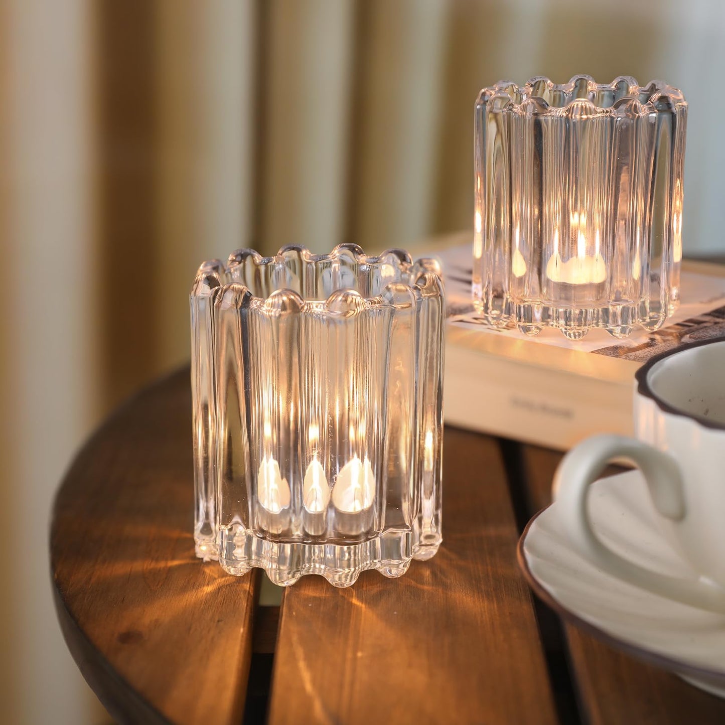 HAVITI Glass Clear Votive Candle Holder, Ribbed Votive Candle Holders Set of 6, Tealight Candle Holder for Wedding Centerpieces Dinner Party Table Decor