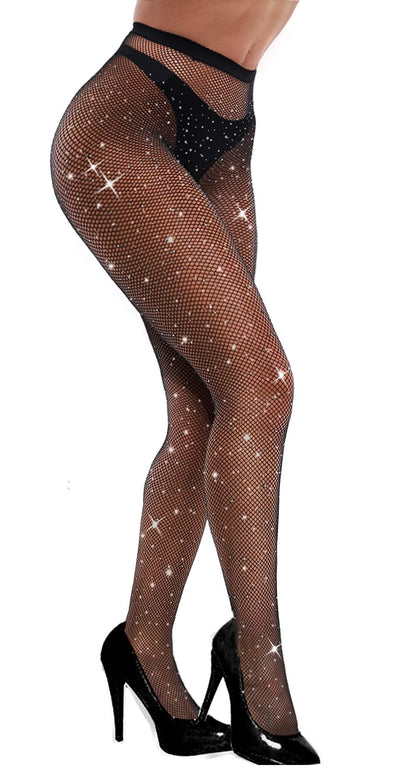 VEBZIN Black Sparkly Fishnet Stockings for Women Tights Rhinestone Diamond Fishnets Leggings High Waist Stockings