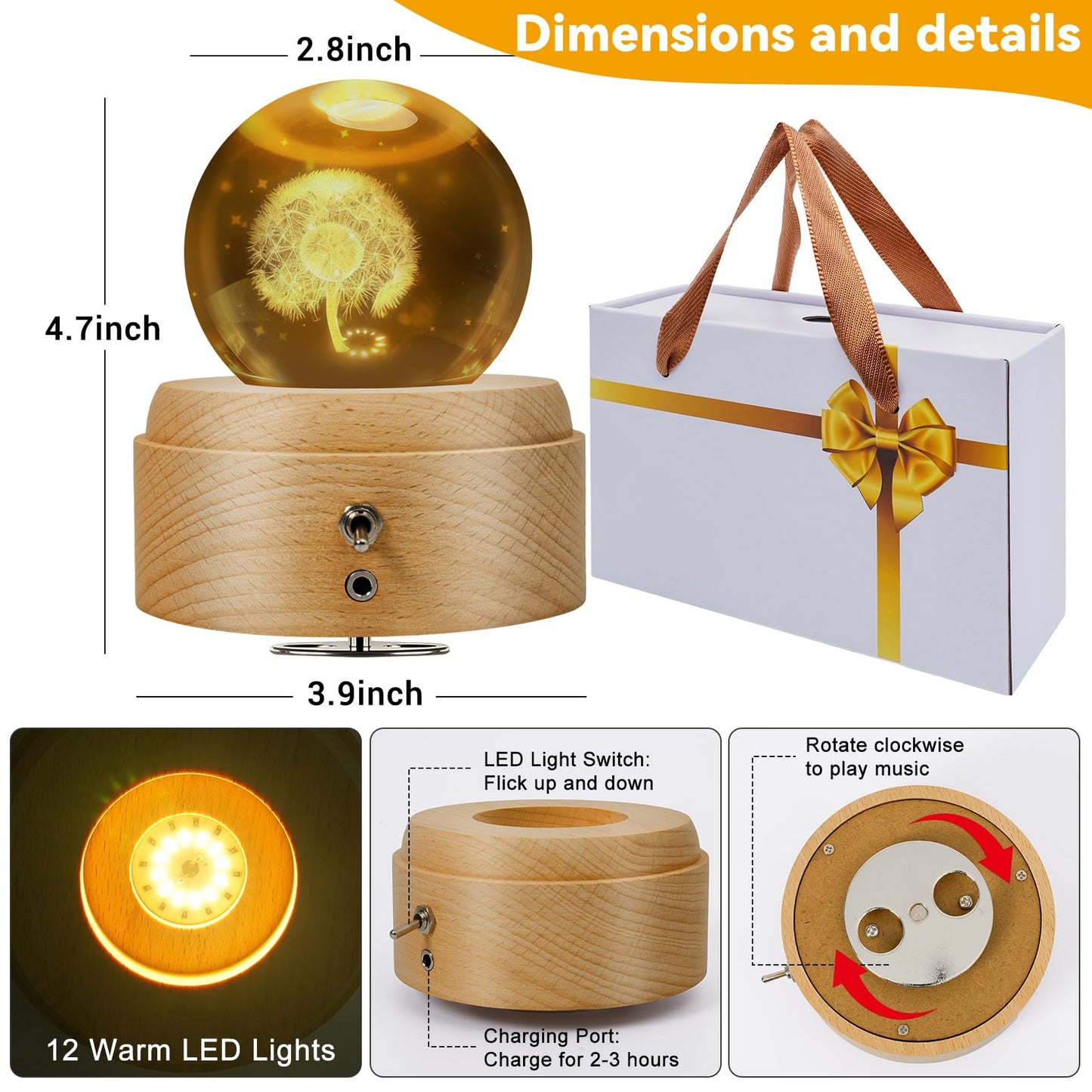 XKELFX 3D Crystal Ball Music Box, with Projection LED Lights, Rotating Wooden Base, Musical Box Gift for Birthday, Christmas, Valentine's Day, for Women Mom Daughter Girls (Dandelion)