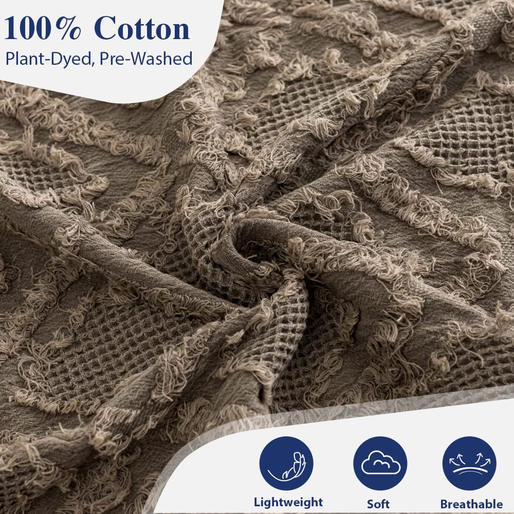 Simple&Opulence 100% Cotton Throw Blanket for Bed, Couch, Boho Textured Geometric Knit Woven Blanket with Tassels Soft, Lightweight Breathable Shabby Chic Farmhouse Decoration for All-Season(Brown)