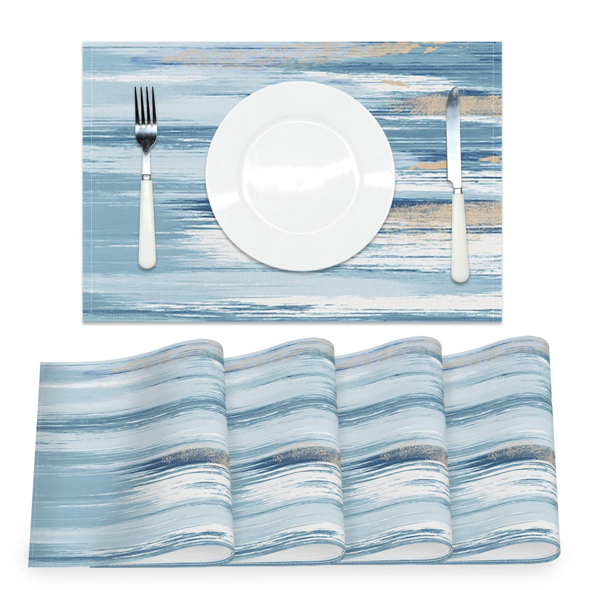 AOFOTO Abstract Placemats Set of 4 for Dining Table Blue Boho Ombre Grunge Rustic Wooden Place Mats Washable Rectangular Art Painted Table Mats for Home Kitchen Restaurant Decor 12x18 Inch