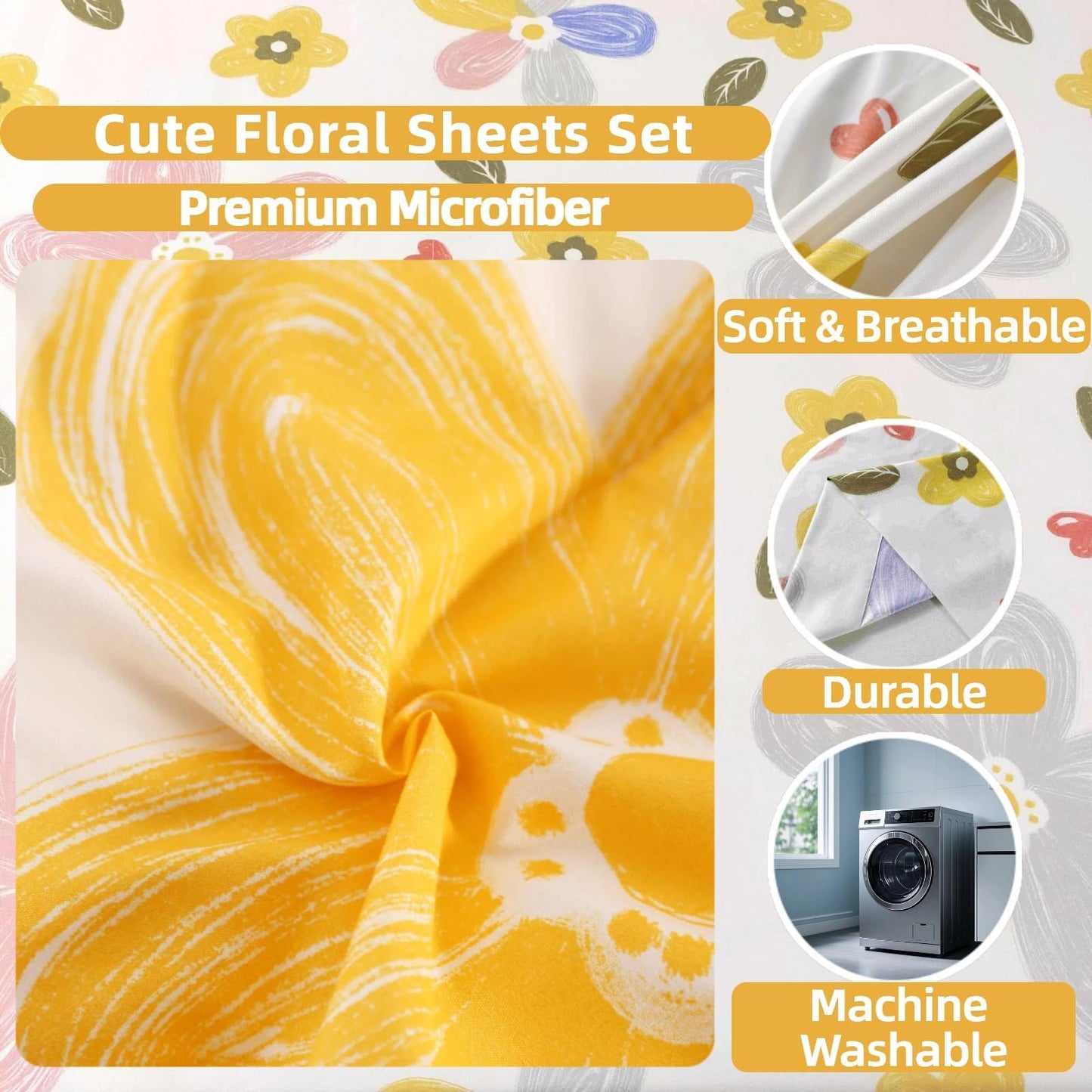 SDIII 4 Pieces Yellow Floral Sheets Set Full, Soft Microfiber Floral Bed Sheets Full Size Deep Pocket, Cute Flower Bedding Sheet for All Season