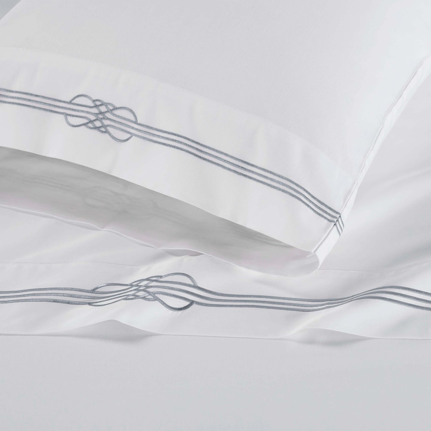 Superior Embroidered Cotton Bed Sheet Set, 1 Elastic Deep Pocket Fitted Sheet, 1 Flat Sheet, 2 Pillowcases, Daily Soft Sheets, Luxury, Elegant Design, Moonlawn Collection, Queen Size, White/Silver