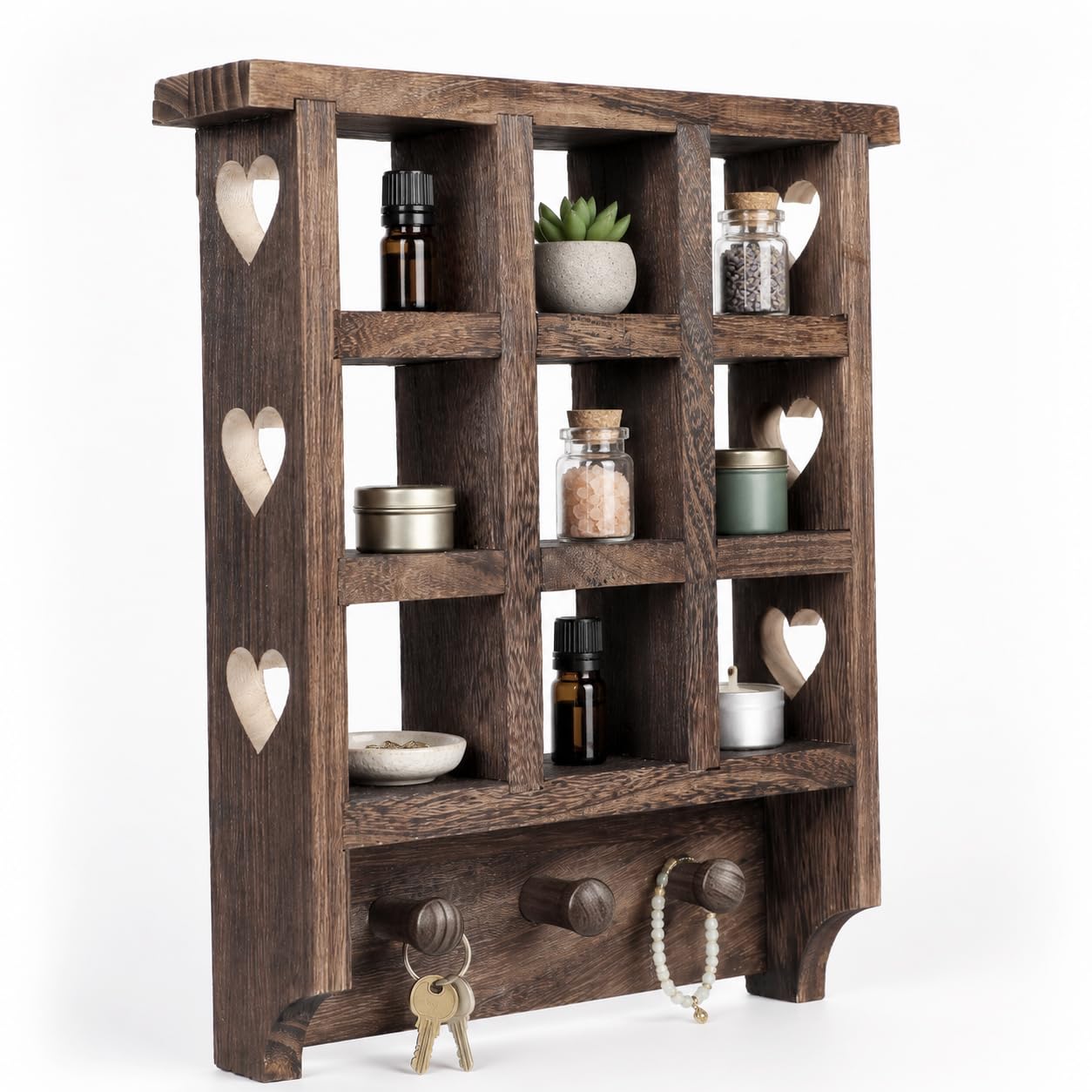 Trinket Shelf, Wooden Heart Shelf, 14 x 12 inch Floating Shelf, Wooden Trinket Shelf with Hearts and Pegs, Figurine Display Shelf, 9 Openings Heart Wall Shelf for Bedroom, Living Room, or Study Room
