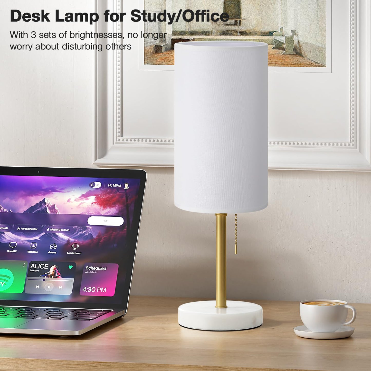 Dicoool Tall Bedside Table lamp for Bedroom - Luxury Marble Base & 3 Color Temperatures Bedside Lamps, Pull Chain Gold Table Lamps, White Nightstand Lamps for Living Room/Guest Room