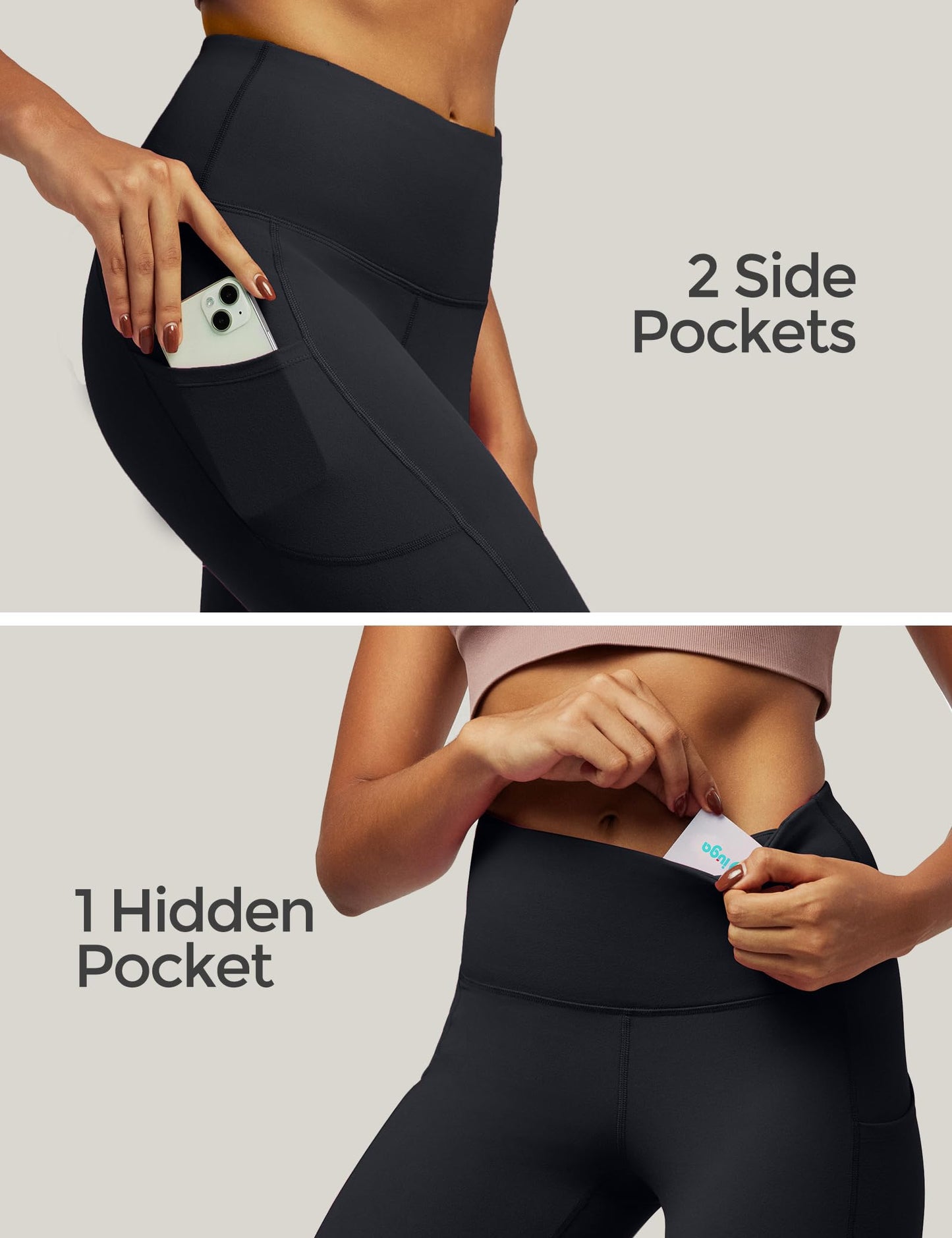IUGA Yoga Pants with Pockets, Tummy Control, Workout Running Leggings with Pockets for Women, Black I840, M