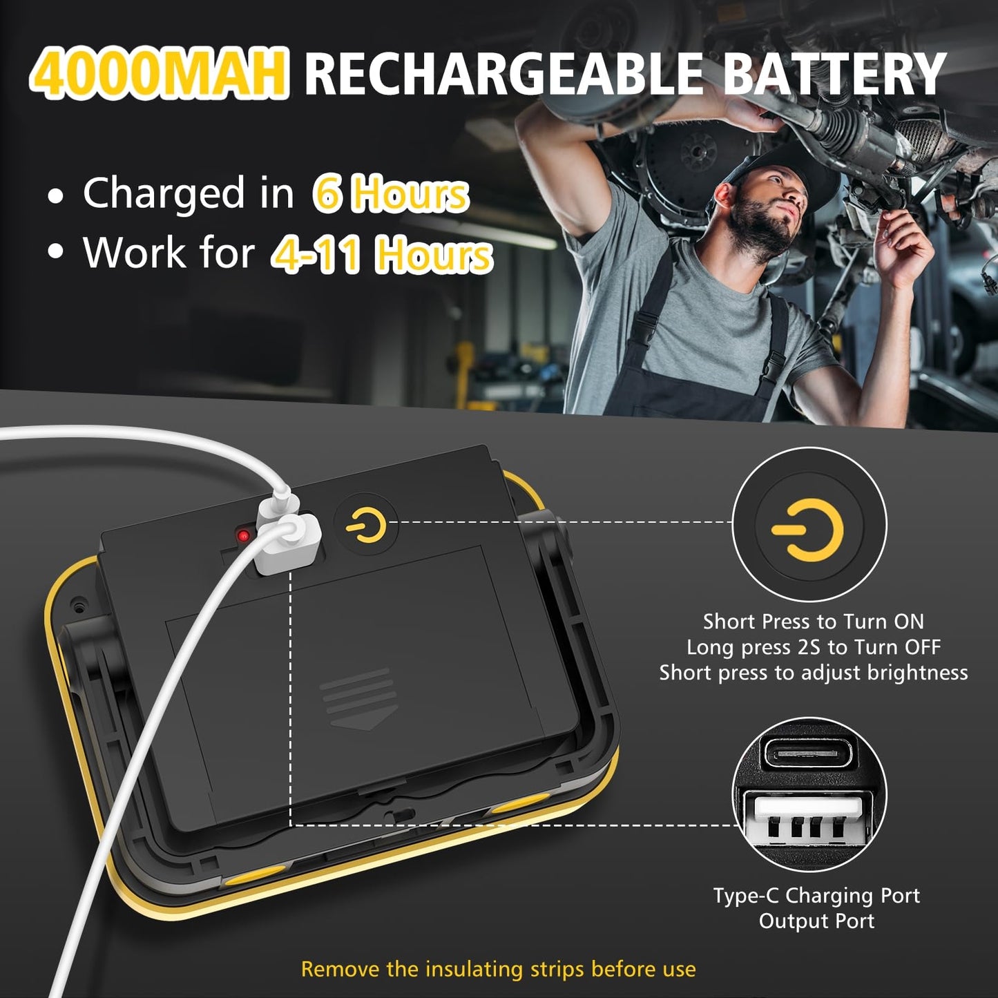 NATPOW LED Work Light, Rechargeable Floodlights, Portable Spotlight, 5 Modes Workshop Lamp with 4000 mAh, 180° Rotation Camping Lamp for Construction Site, Garage, Workshop (2 Packs)