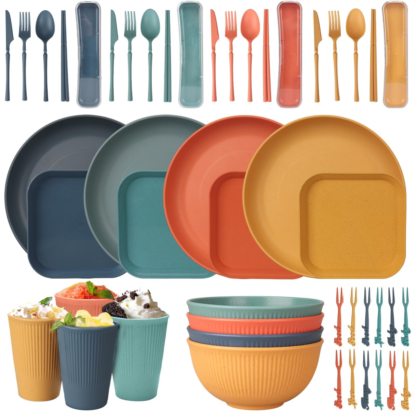 48pcs Unbreakable Dinnerware Sets for 4 People, Camping/Picnic Dinner Sets, Lightweight Colorful BBQ Plastic Serving Plates, Bowls, Cups,Cutlery Set, Forks,Tableware