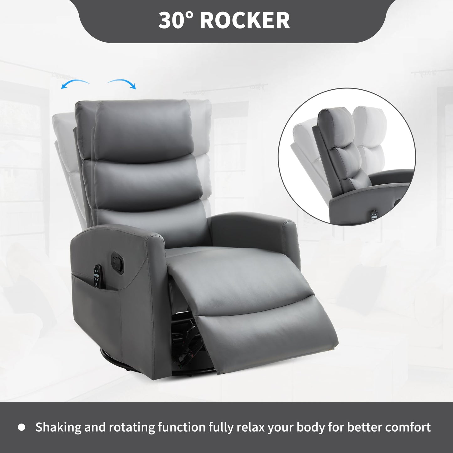 KEIKI 4-in-1 Manual Swivel Rocker Recliner Chair for Home Living Room, Faux Leather Chair with Back Massager & Heat, Home Theater Seating with Lumbar Support, Studio Apartment Essentials, Grey