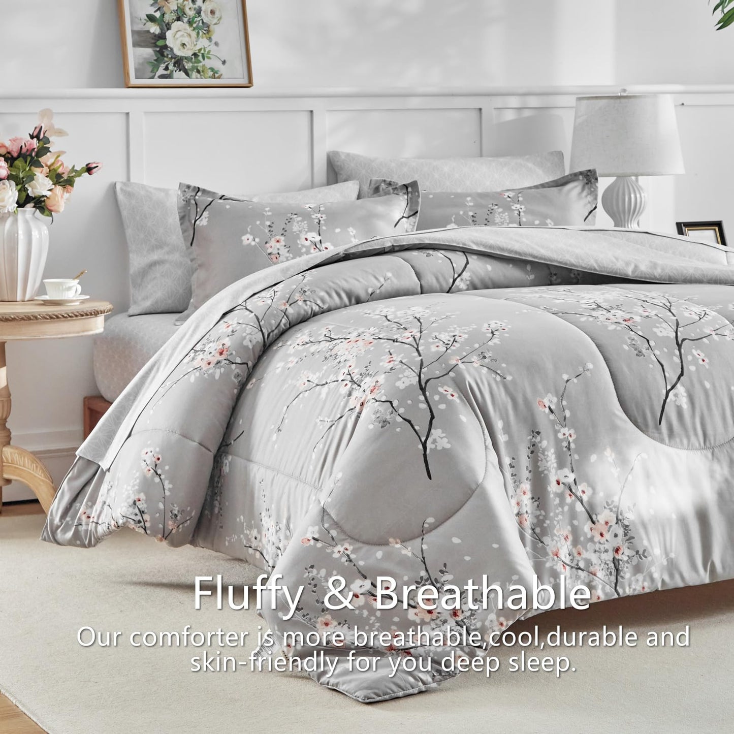 AIKASY Bed in a Bag 7 Pieces Queen Size - Floral Print - Soft Microfiber, Reversible Bed Comforter Set (1 Comforter, 2 Pillow Shams, 1 Flat Sheet, 1 Fitted Sheet, 2 Pillowcases)（Grey, Queen）