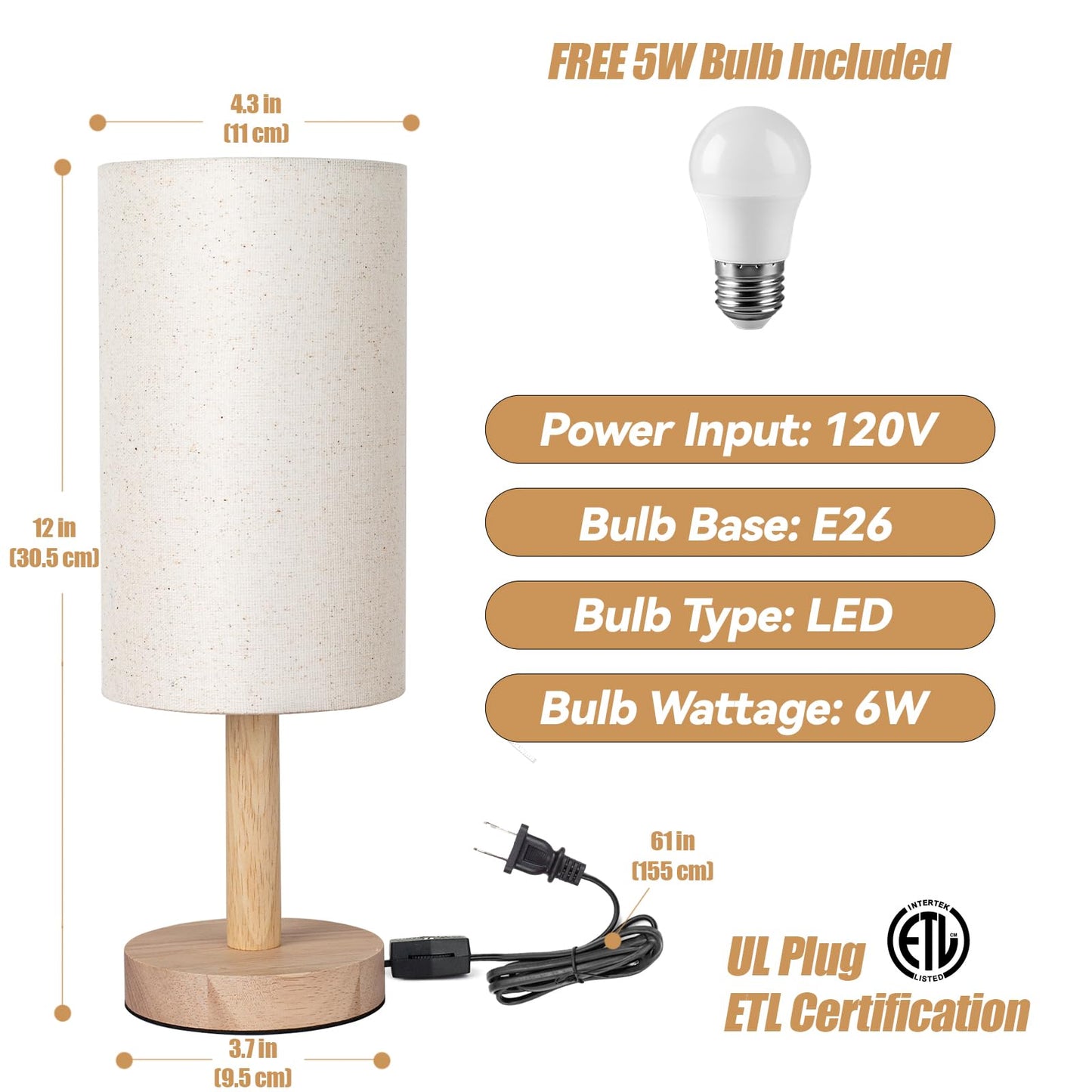 LALISU Small Table Lamp for Bedroom, Nightstand Lamp Linen Lampshade Bedroom Wood Base Small Bedside Lamp for Night Stands, Desk Lamps for Reading Living Room, Office (LED Bulb Included) (Wood Base)