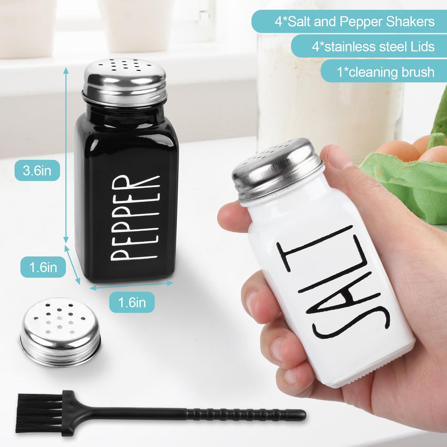 4 Pack Salt and Pepper Shakers Set, Glass Salt Shaker with Stainless Steel Lid, Modern and Cute Farmhouse Salt and Pepper Set (Black and White)