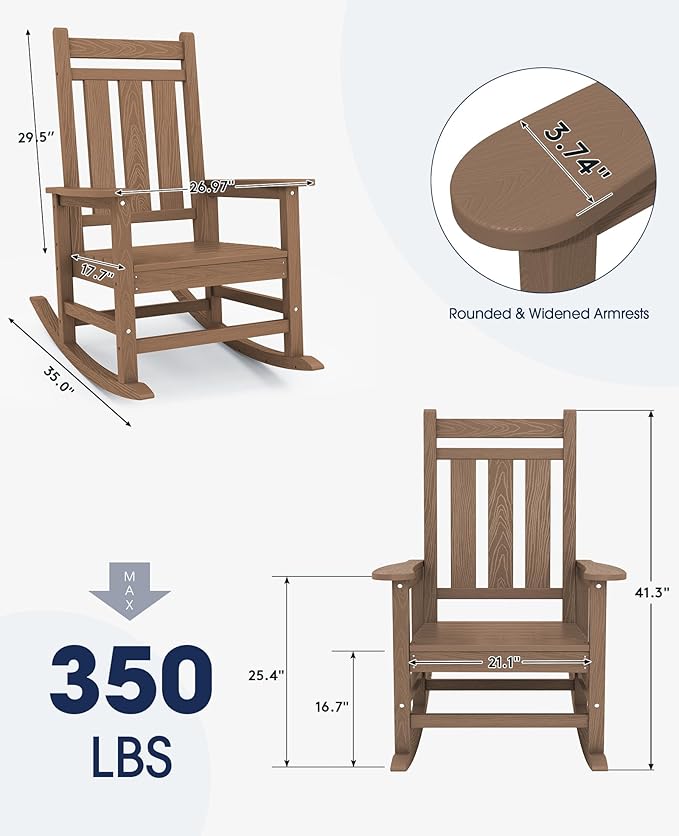 KINGYES Oversized Outdoor Rocking Chair Set of 8, All-Weather Patio Rocking Chairs for Porch, HDPE Outdoor Patio Rockers with High Back & Wide Seat for Garden, Lawn, Brown