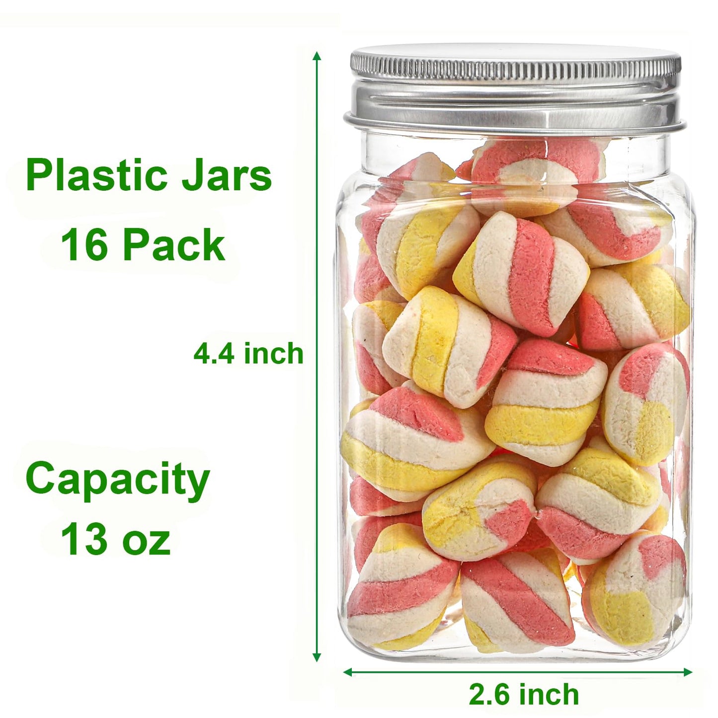 Bekith 16 Pack Clear Plastic Jars with Lids, 13oz Airtight Container for Food Storage, Refillable Square Empty Plastic Jars for Dry Food, Peanut Butter, Honey and Jam Storage