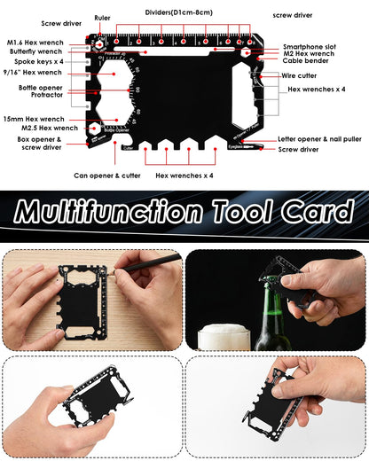 HAYVAN Credit Card Multitool - 12 Set Stainless Steel 46-in-1 Survival Tool Kit, Wallet Multitool Card with Bottle Opener for Camping Outdoor, Bulk Mens Gifts with Gift Envelopes (Black)