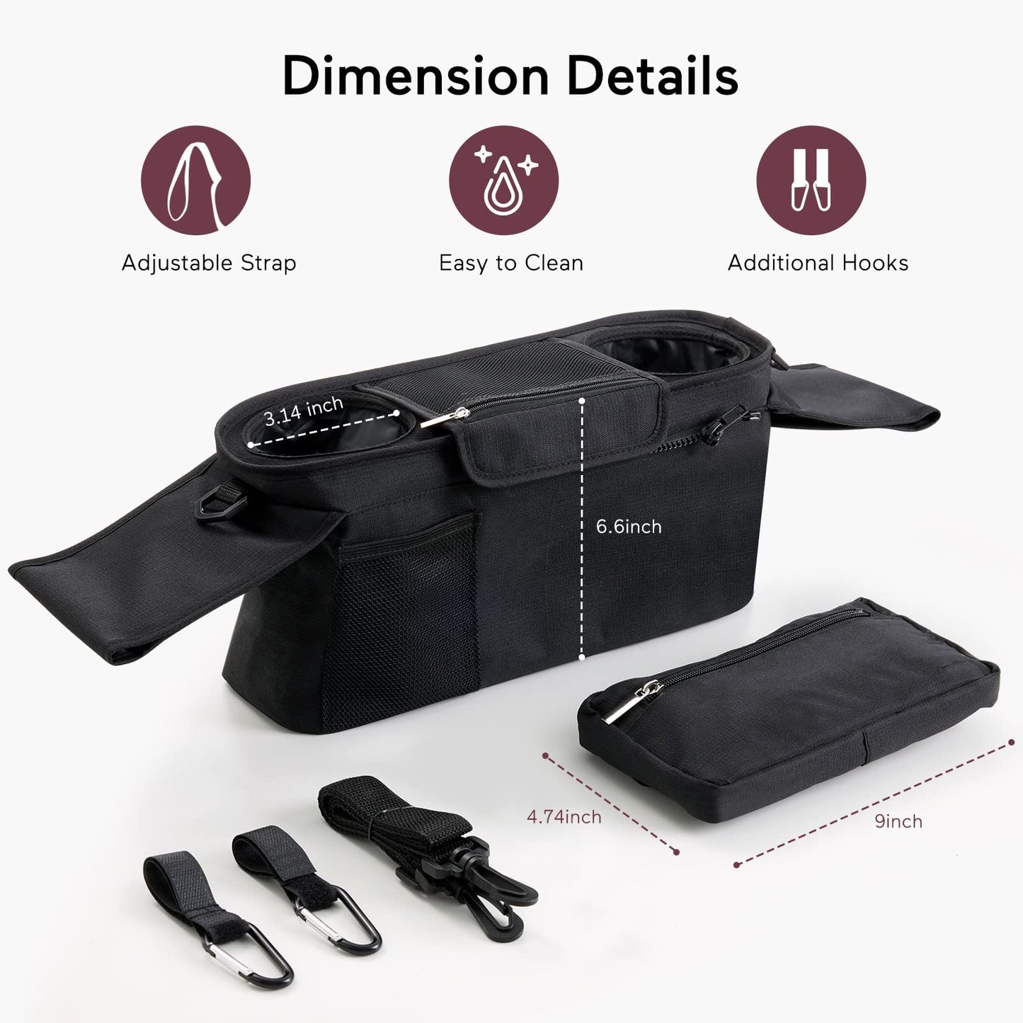 Momcozy Baby Pushchair Organiser, 3 Insulated Cup Holder，Detachable Zippered Pocket, Adjustable Shoulder Strap, Large Capacity for Baby Essentials, Compact Design Fits Any Pram Handlebar