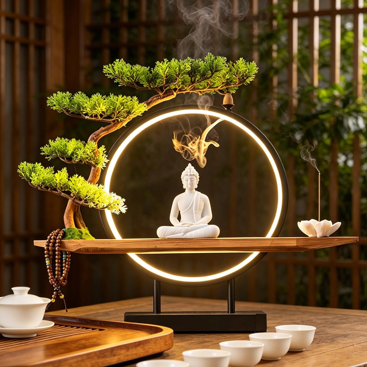 TXYXT Shakyamuni Buddha Ceramic Statue Indoor Backflow Incense Burner with Led Ring Light，Meditation Decoration for Home and Office, Suitable for Cone and Stick Incense