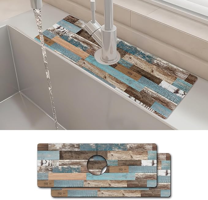 2PCS 15" X 5.5" Kitchen Sink Splash Guard Faucet Mat Wood Grain Super Absorbent