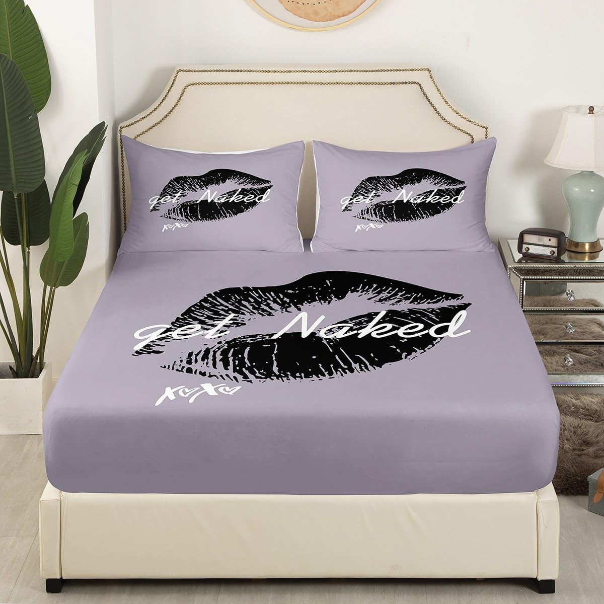 Get Naked Bedding Set Funny Quotes Kiss Fitted Sheet & Pillow Sham Set Sexy Feminine Lips Print Art Bed Sheet Set for Men Women Couple Lover Grey White Bed Cover No Flat Sheet Room Decor Full Size