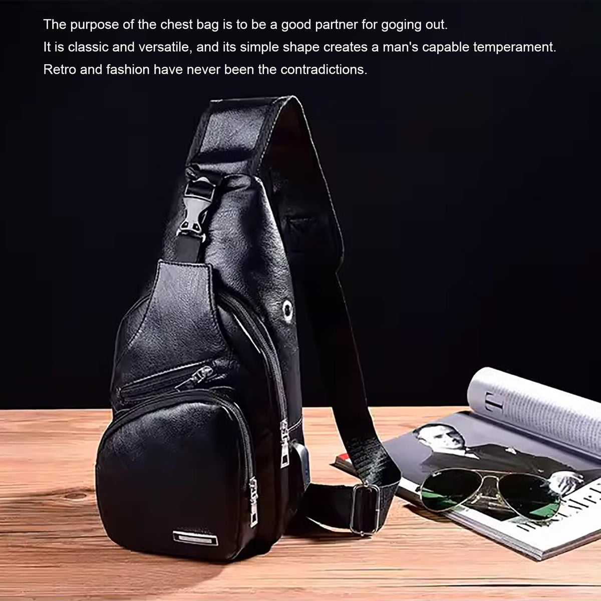 Peicees Leather Sling Bag Mens Crossbody Chest Bag Sling Backpack with USB Charge Port