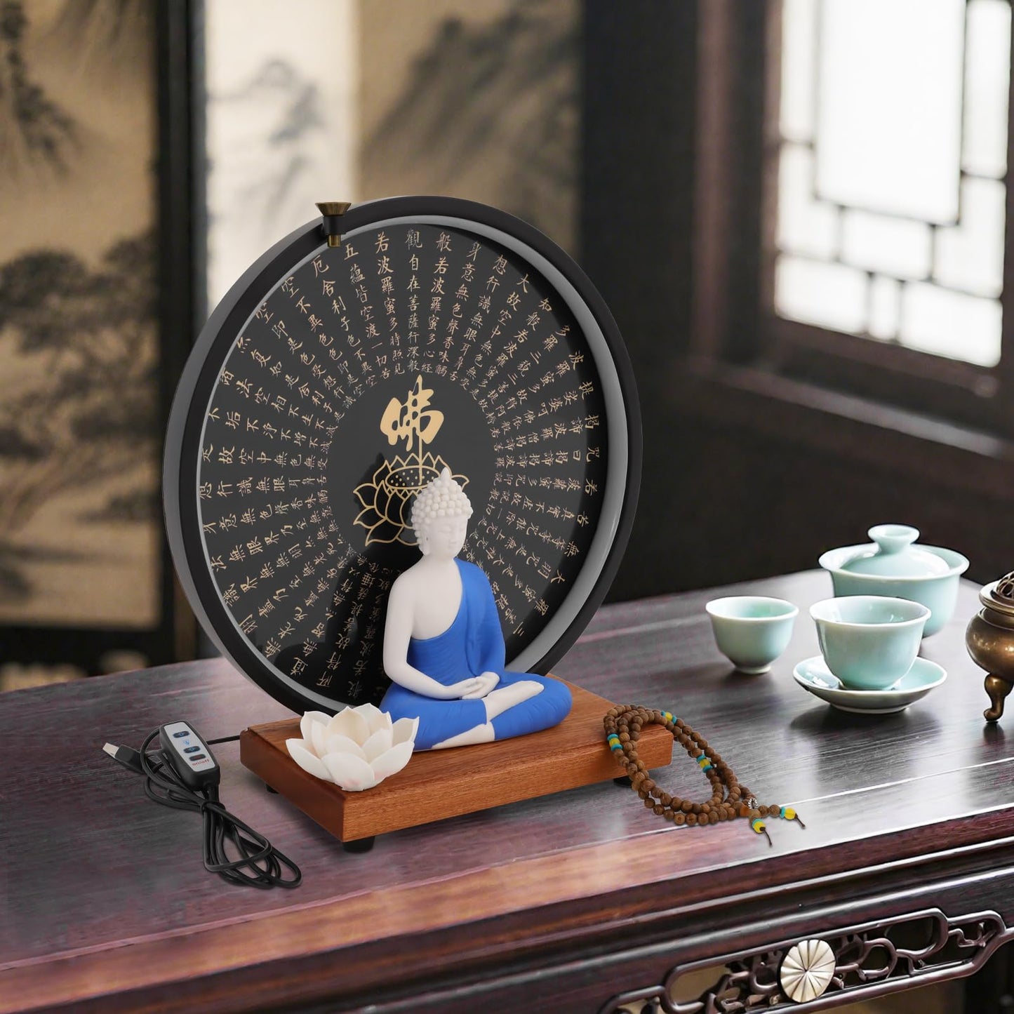 KUMOYOU Buddha Statue Decoration, Ceramic Buddha Statue with LED Ring Light & Backflow Incense Burner, Meditation Decor for Home and Office (Blue)