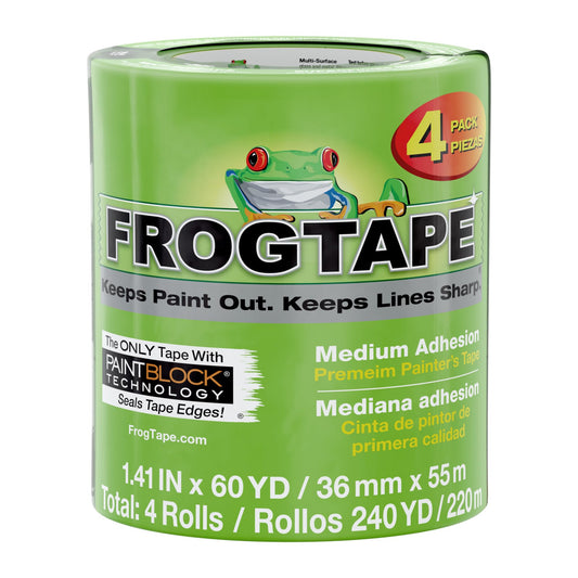 Frog Tape Multi-Surface Masking Tape for Painting 36mm x 55m, Decorators Tape, Painters Masking Tape for Indoor Painting & Decorating - Pack of 4