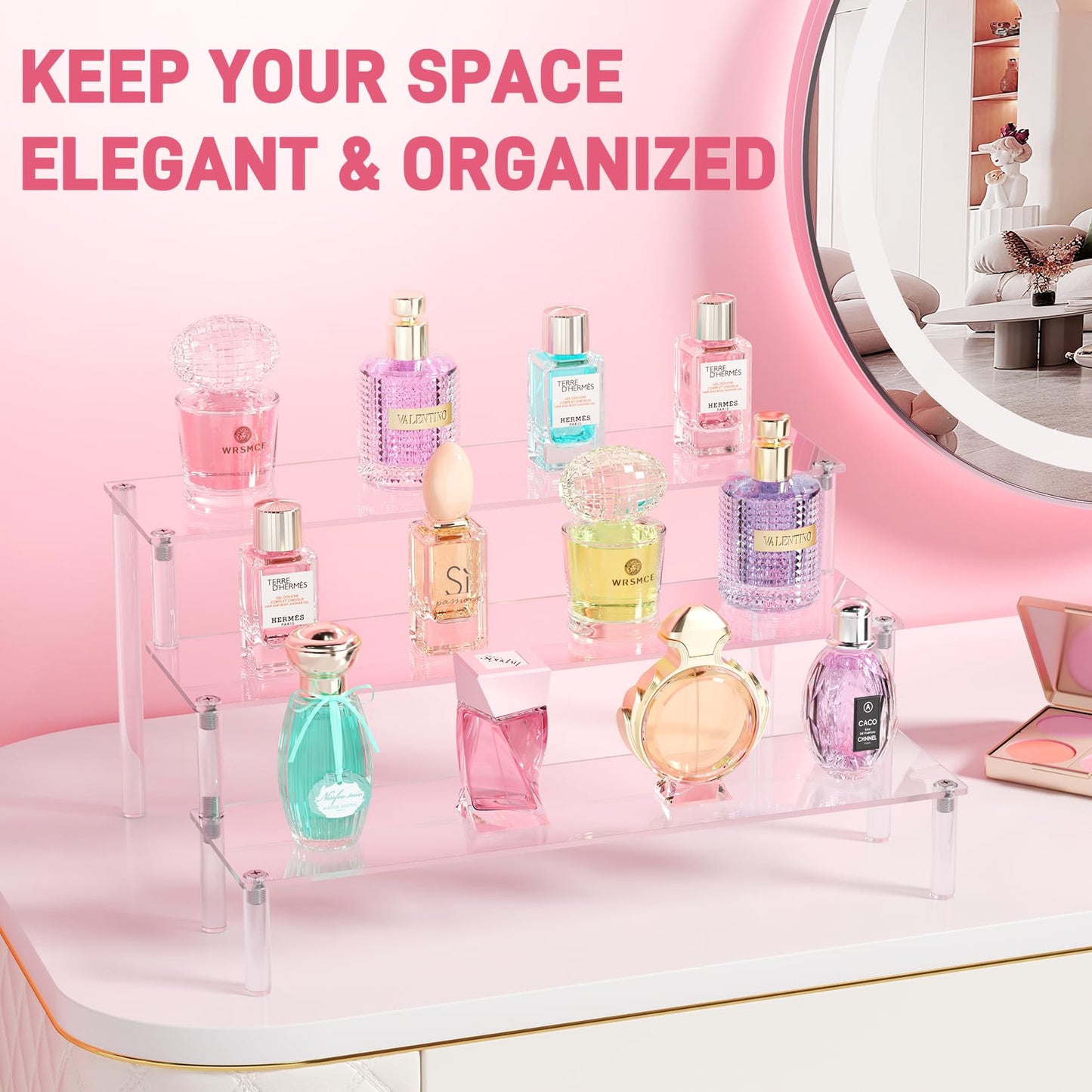 2 Packs Acrylic Display Stand Riser,3 Tier Perfume Organizer Cupcake Stand Acrylic Pop Shelves Holder,Clear Desk Display Shelf for Figure,Trinket,Collectibles,Dessert Stands for Party Decor-11.6in