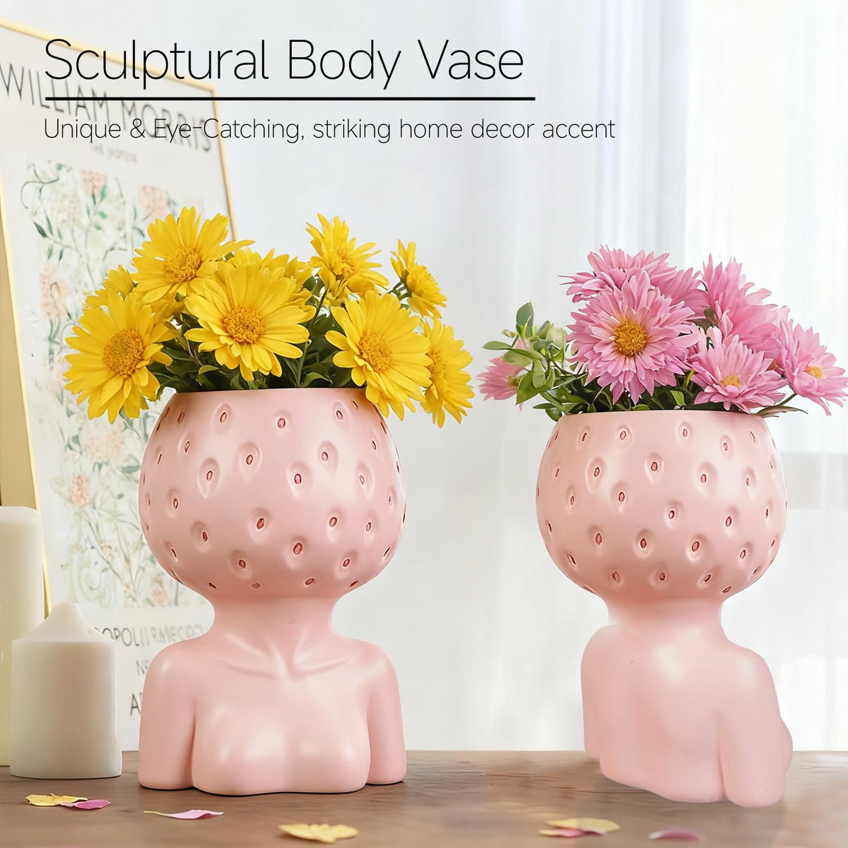 Female Body Vase, Strawberry Face Planter for Decor, Unique Cute Head Planter Pot Bust Planter with Drainage Hole, Resin Flower Pot for Indoor Outdoor Plants Succulents Aesthetic Home Decor Gift, Pink