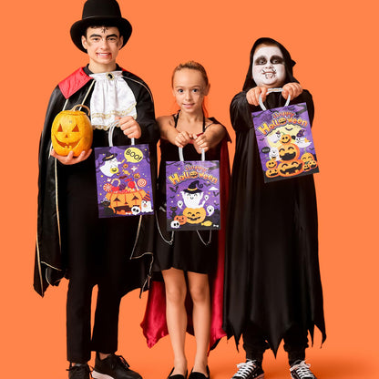 24Pcs Purple Halloween Paper Gift Bags and 24 Sheets Tissue Paper, Halloween Party Bags with Handle Candy Goodie Bags for Trick & Treat Party Supplies