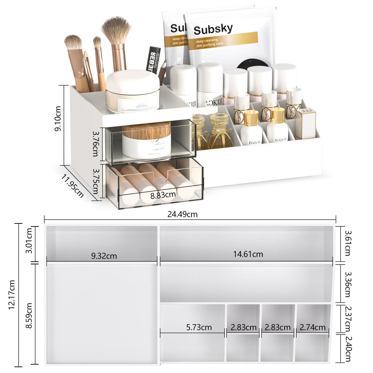 Subsky Makeup Organiser with Drawers, Make Up Storage Cosmetic Dressing Table Organiser Makeup Box with Drawerds for Dresser, Bedroom, Bathroom (White)