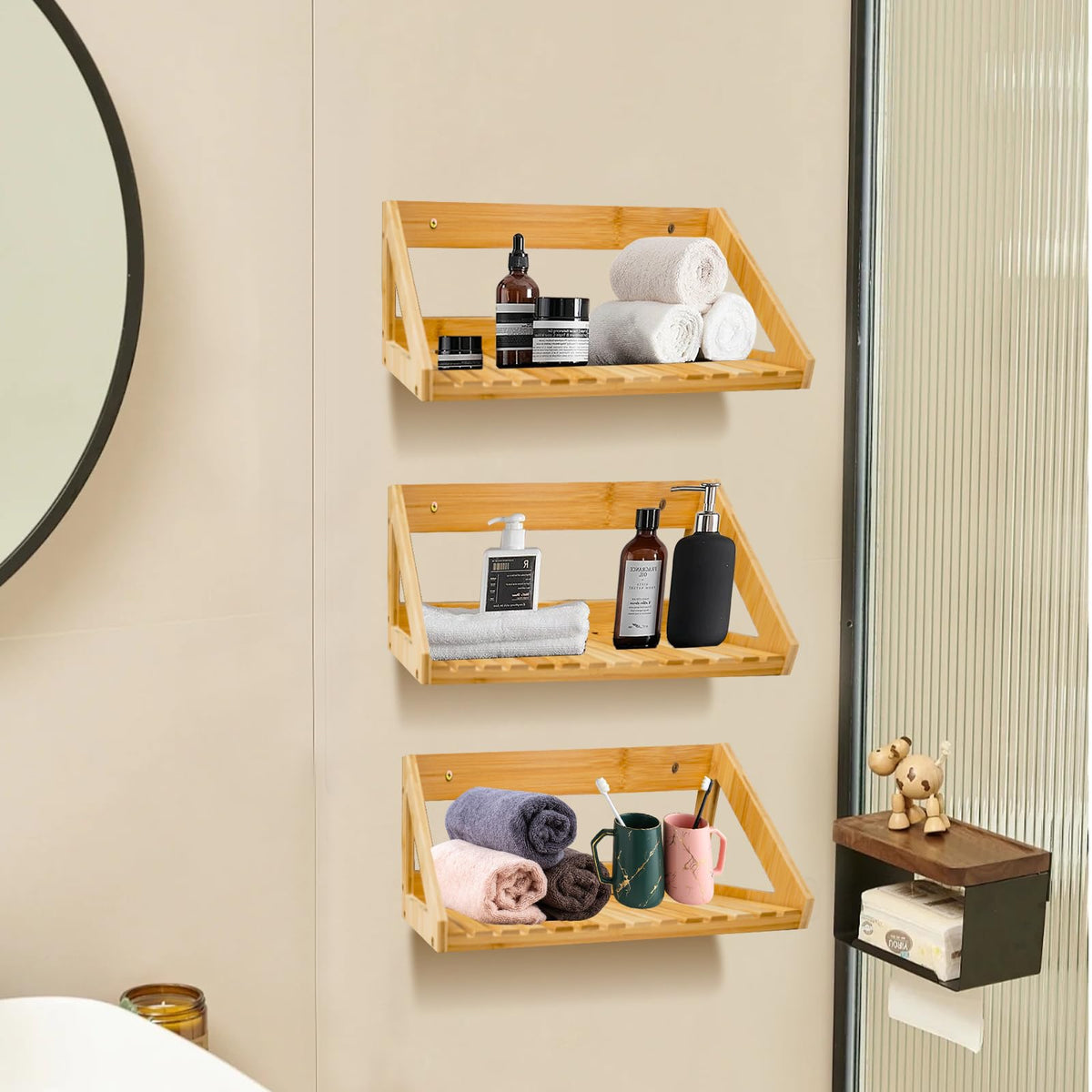 ONEHAUS Floating Shelves Wall Mounted, 3 Pcs Solid Bamboo Wall Hanging Rack Holder, Wall Storage Shelves for Bedroom, Living Room, Bathroom, Kitchen, Office Decor