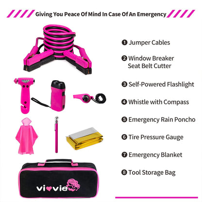 vioview Roadside Emergency Car Kit for Vehicles, Car Safety Kit with Jumper Cables, Safety Hammer, Pink Car Accessories Road Trip Essentials Assistance Kit for Teen Girls Women