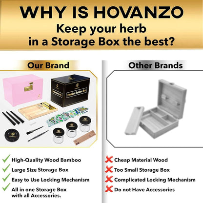 HOVANZO Premium Large Bamboo Storage Box with Removable Tray - Storage Wood Box for Herbs and Accessories - Storage Box Set with Combination Lock - Smell Proof Container with Accessories