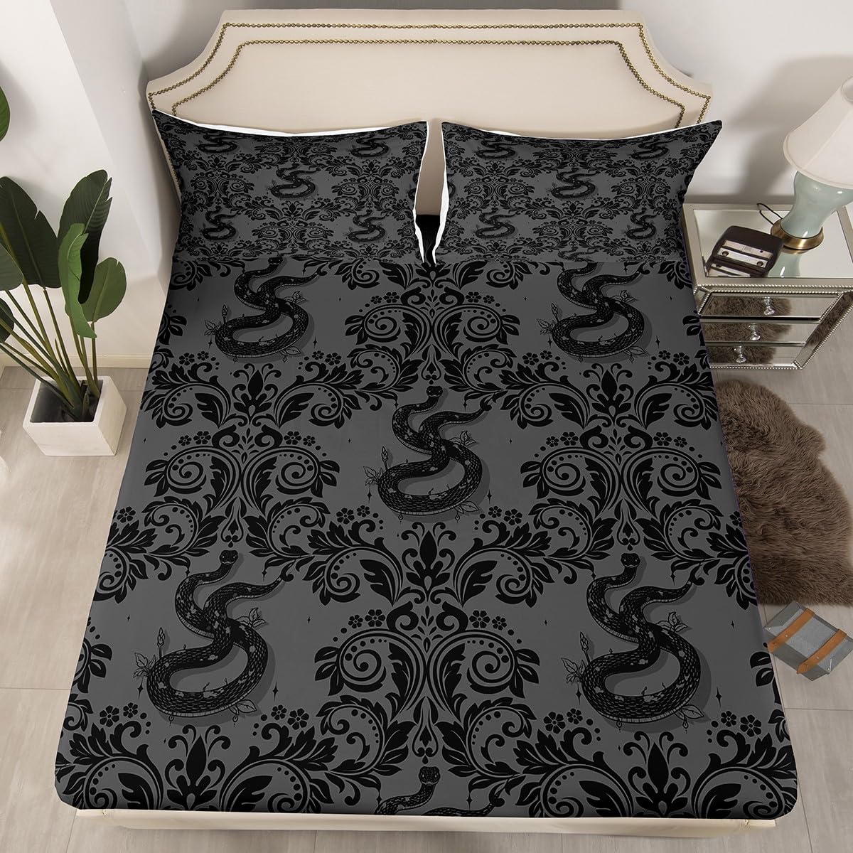 Feelyou Adults Gothic Bed Sheets Sets Full Size Kids Boys Girls Dark Olive Green Damask Print Bedding Set Snake Bed Sheet Set with 16-Inch Deep Pockets 4Pcs with 2 Pillow Cases