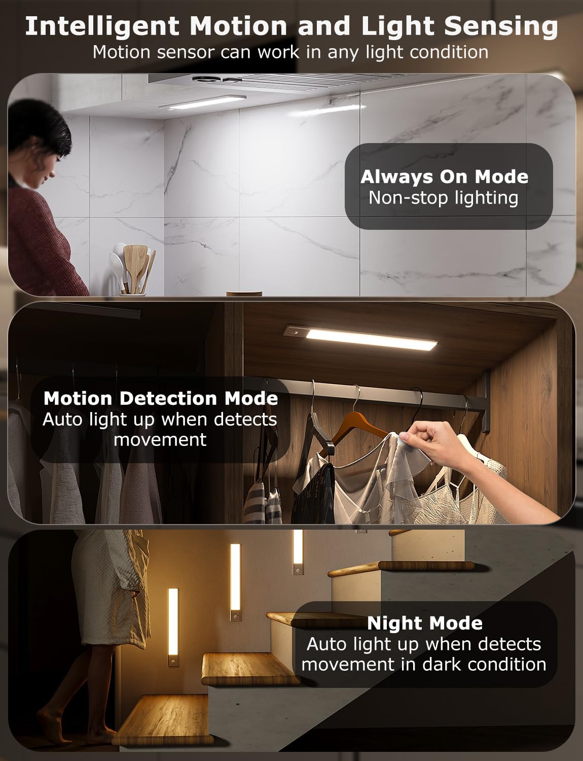 12" Ultra-Thin Under Cabinet Lighting Wireless, Aluminum Alloy Under Counter Lights for Kitchen, 3-Color-Temps Magnetic Closet Lights, Rechargeable Motion Sensor Light Indoor (2Pack, Silver)